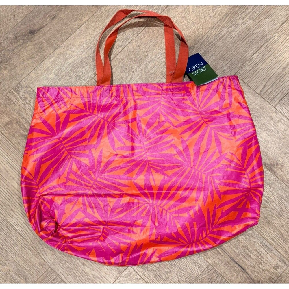 Water Resistant Reversible Pink Orange Tropical Tote Bag Target Open Story NWT
